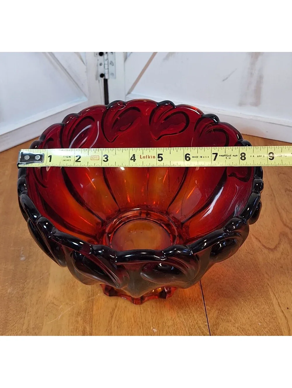 Indiana Glass Tiara Sunset Deep Red Calla Lily Leaf Footed Amberina Bowl 5”T 9”W
